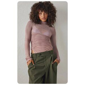 Intimately Free People Under It All Ruched Mesh Long Sleeve Thong Bodysuit sz S